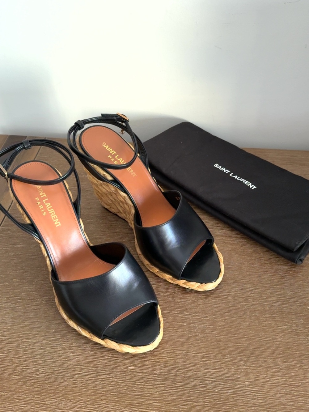 Saint Laurent Black Leather Wedge Sandals with Braided Espadrille Heel size 37.5